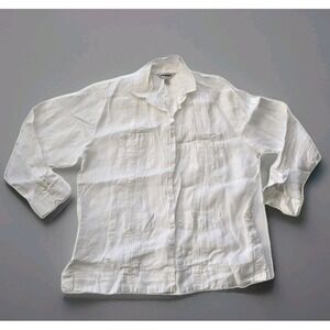 Men's Guayabera‎ Shirt XL Embroidery Trim 100% Linen Long Sleeves White 4 Pocket